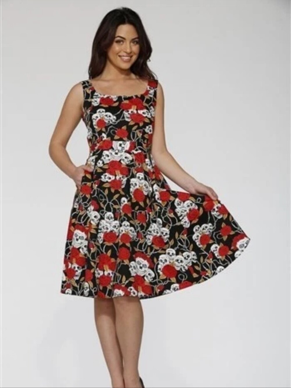 Orchid Bloom BLACK RED ROSES & SKULL Fit Flare Retro Swing DRESS Womens Size 8